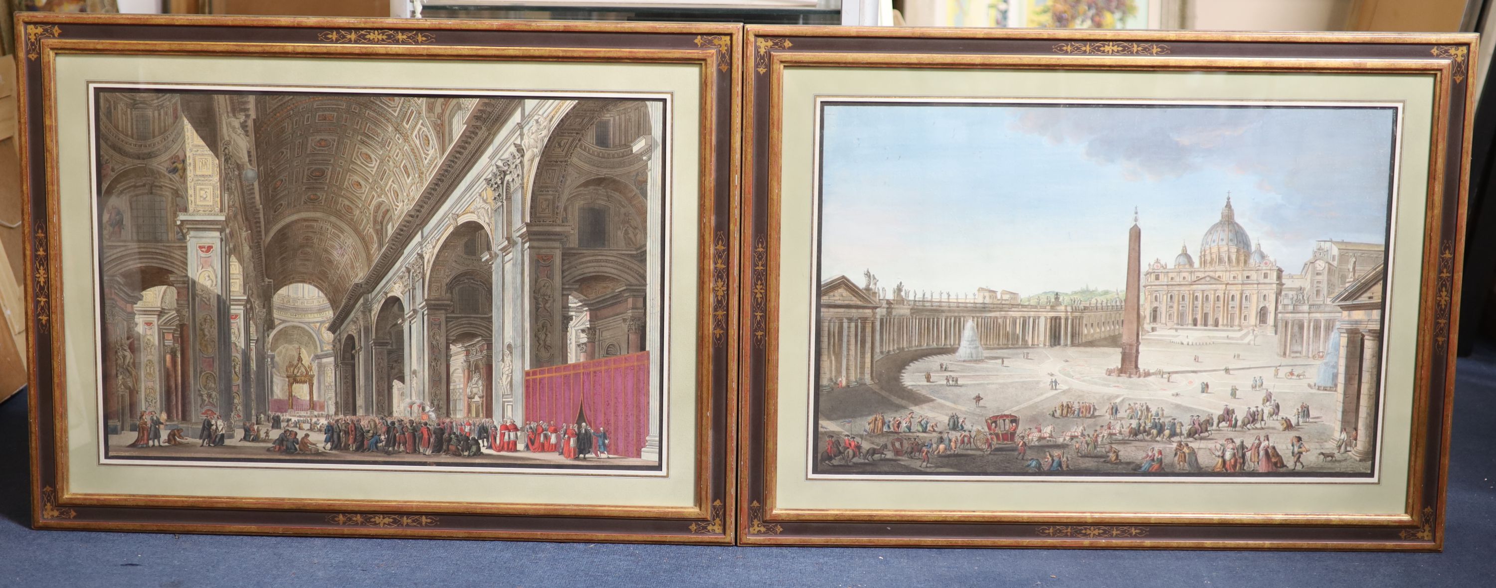 Italian School c.1800 , The Pope in Procession from St Peter's Square, through the Colonnades into the Basilica, set of four outlined engravings extensively hand coloured in watercolour, largest 46 x 69.5cm